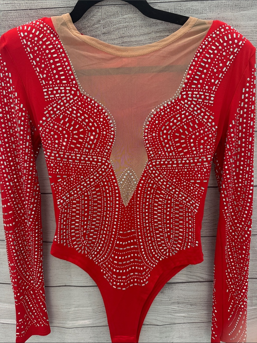 Red Rhinestone Mesh-Panel Long-Sleeve Bodysuit ❤️- Definitely a showstopper top!